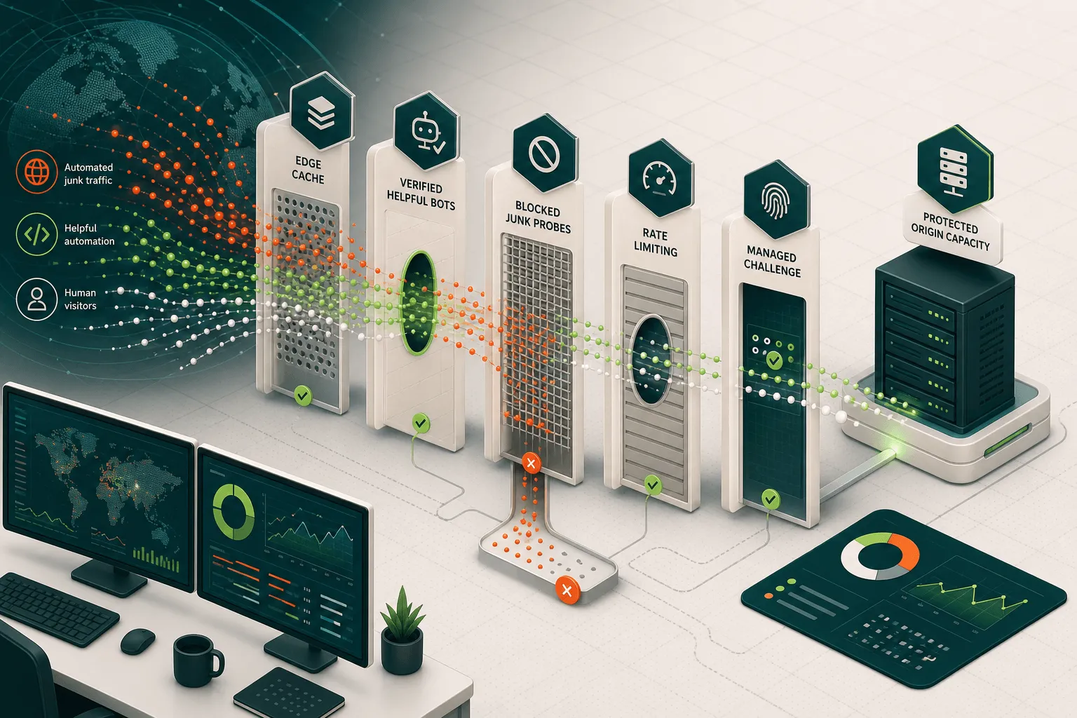 Editorial illustration showing automated, helpful, and human traffic passing through layered website defenses including edge cache, verified bots, blocked probes, rate limiting, managed challenge, and protected origin capacity.