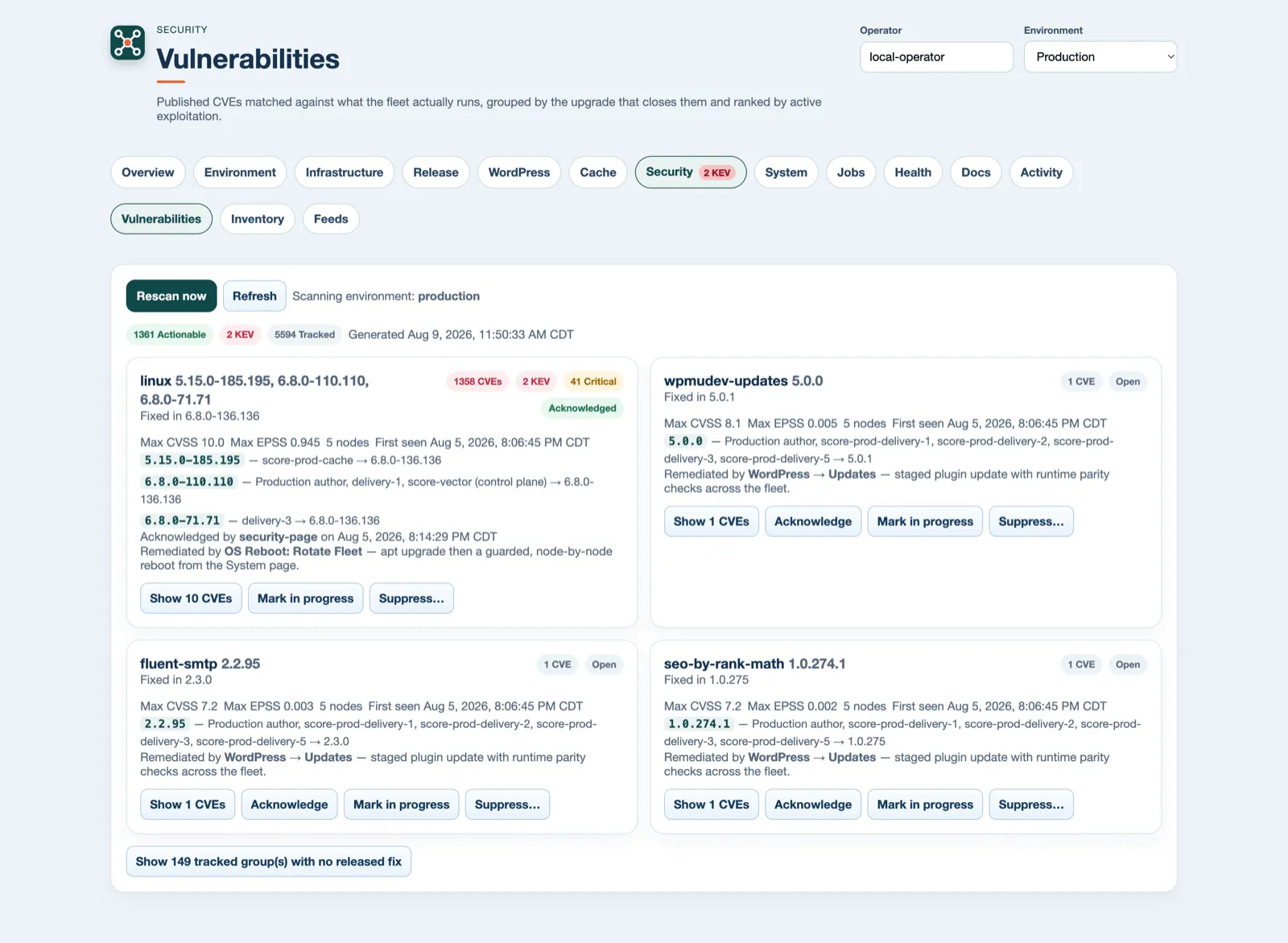 The ControlPlane Vulnerabilities board: each card is one remediation — the package, the version that fixes it, the nodes affected, and the CVEs it closes.