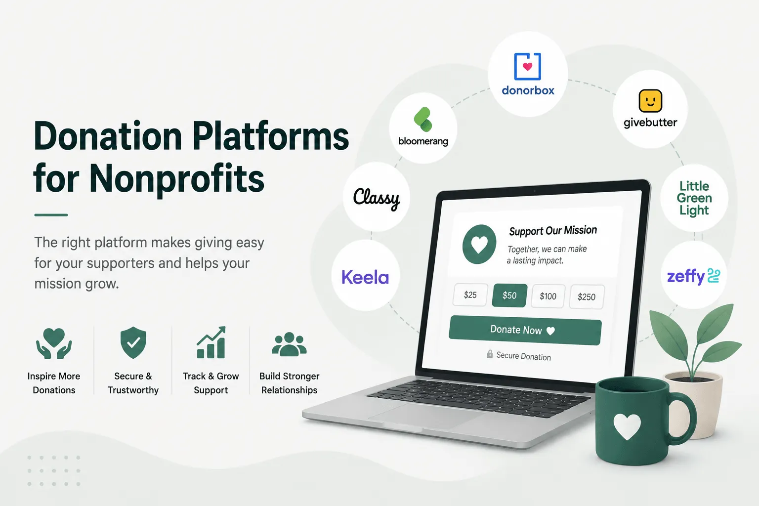 Illustration of nonprofit donation platforms — Donorbox, Givebutter, Bloomerang, Classy, Zeffy, Keela and Little Green Light — arranged around a laptop showing a donation form with preset gift amounts.