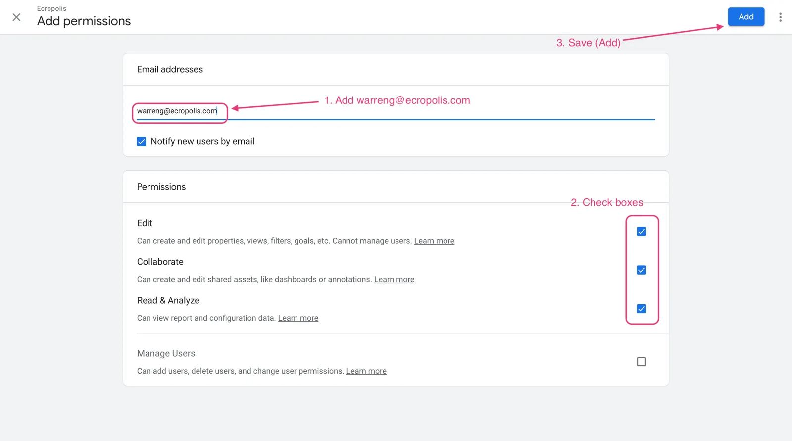 The add-user dialog, with the email field and the Add button in the top right