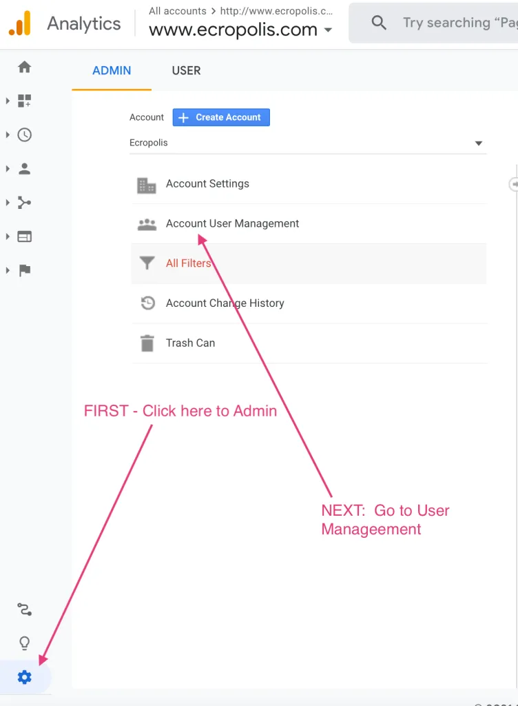 Account User Management in the Google Analytics admin menu
