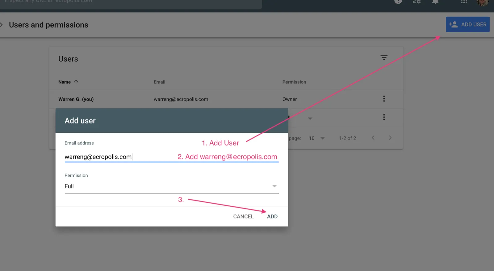 The ADD USER button and the dialog for entering an email address