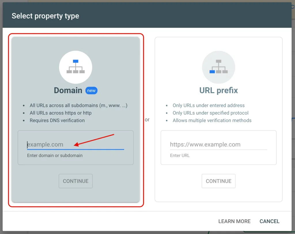 Choosing the Domain property type, which verifies ownership through a DNS record
