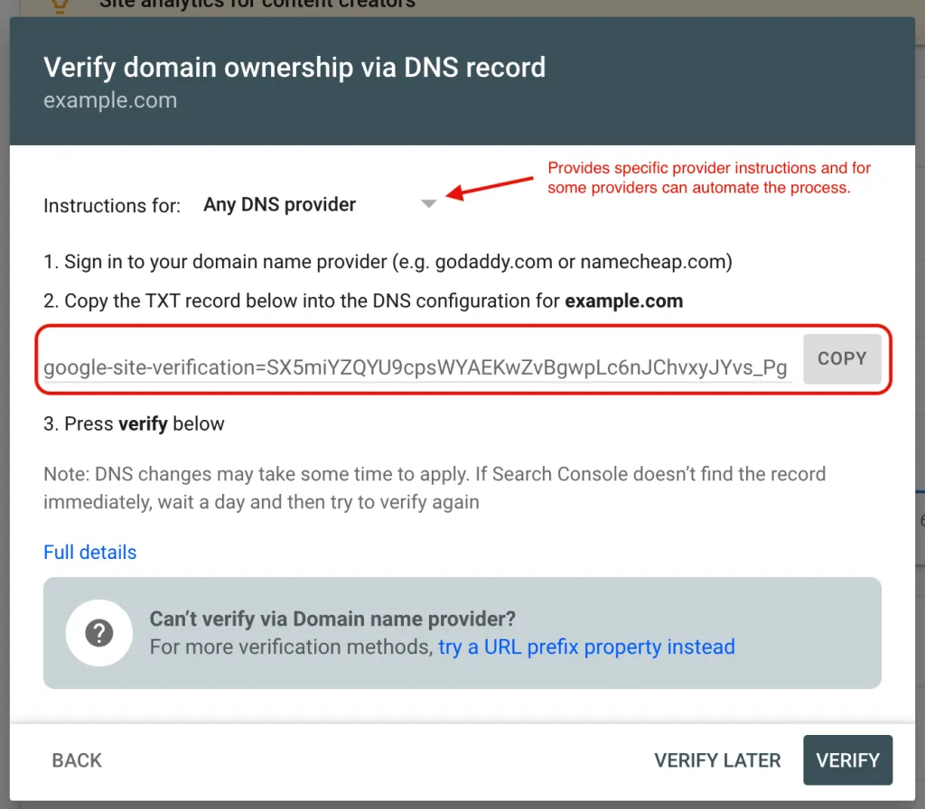 The Google-supplied TXT record, with the registrar dropdown and copy button