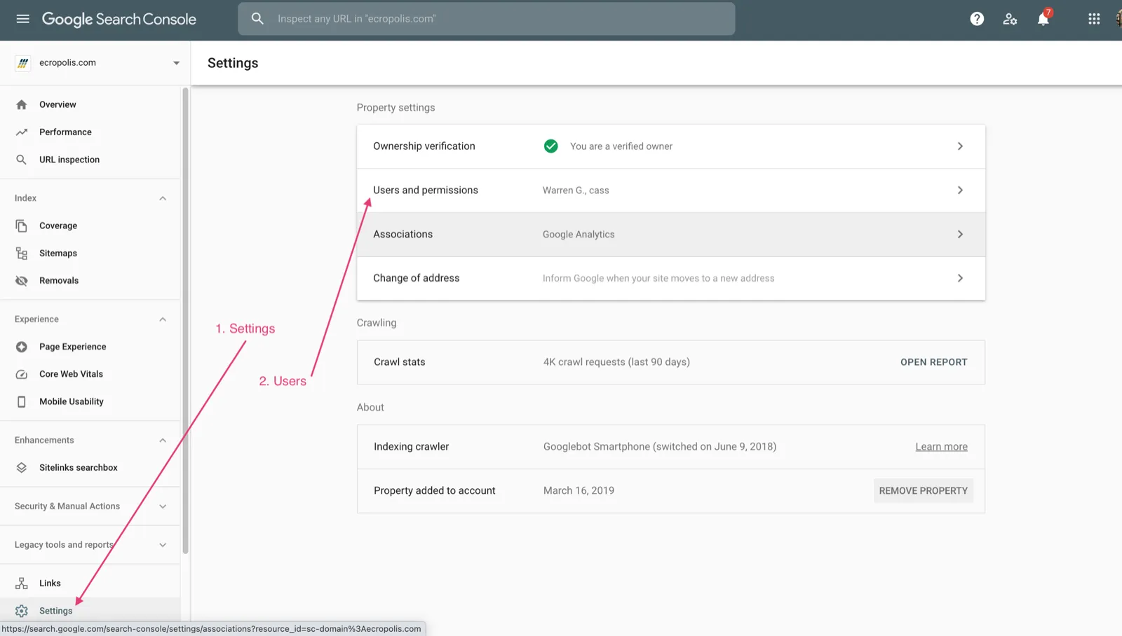 Users and permissions in the Google Search Console settings screen