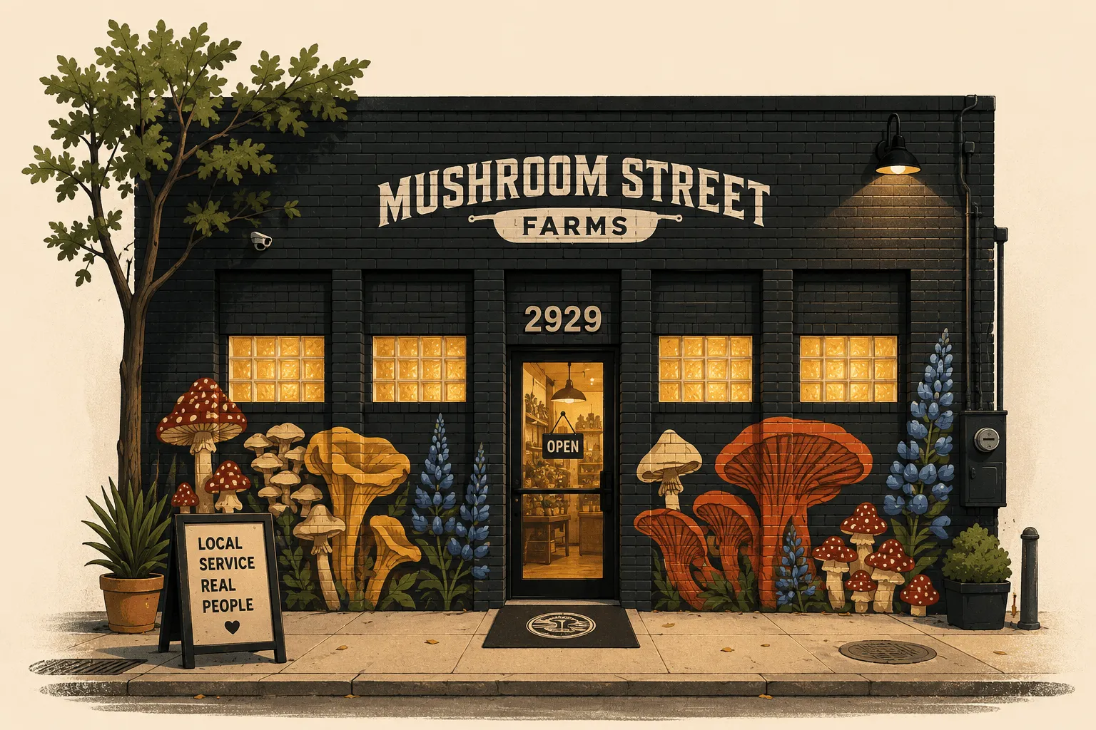 Illustration of a small business storefront with a hand-painted mural and a sidewalk sign reading Local Service, Real People.