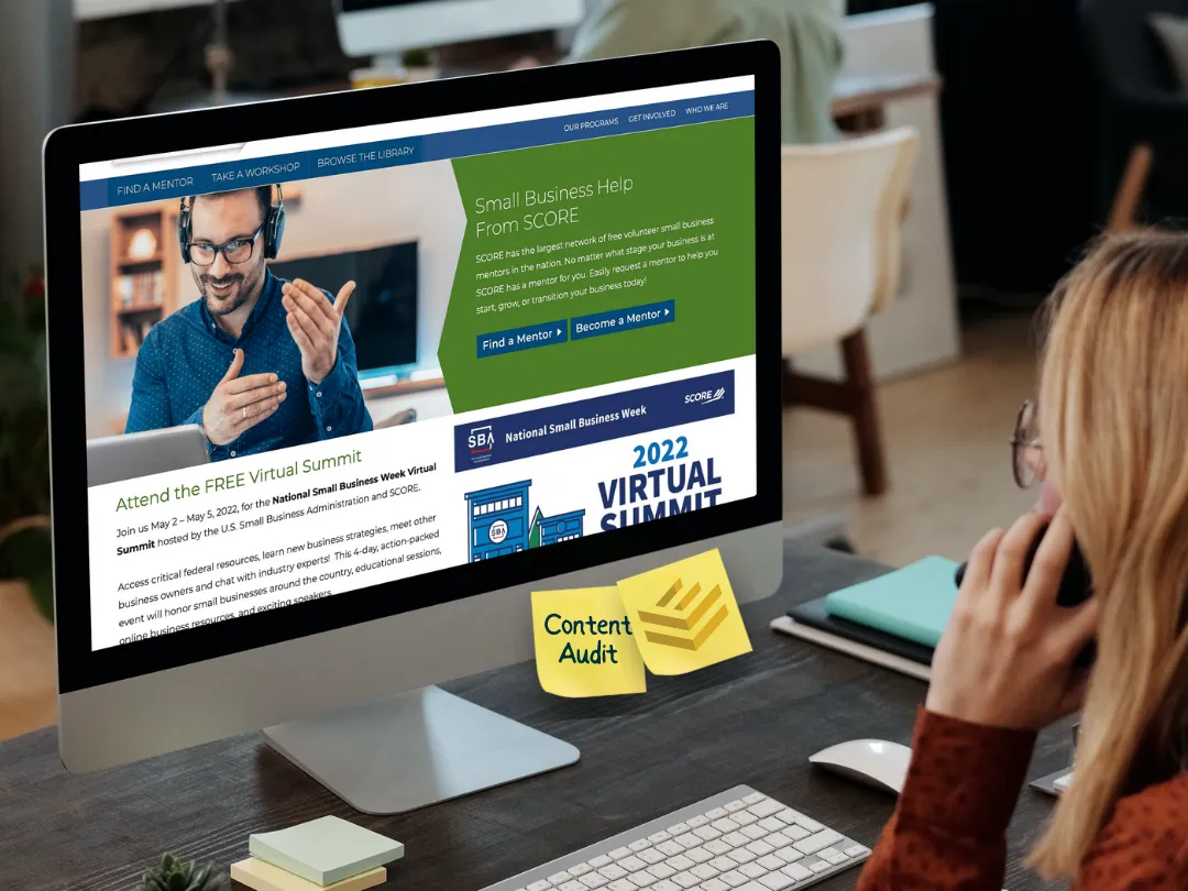 A content audit spreadsheet listing page titles, URLs, and creation dates