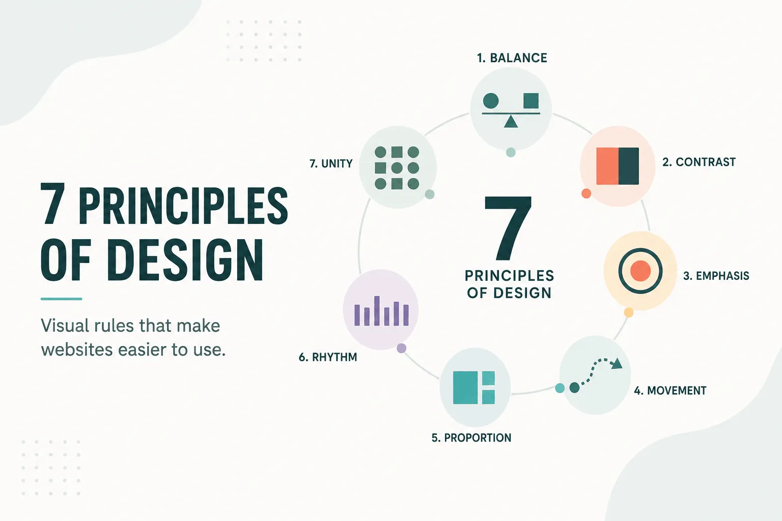 Diagram of the seven principles of design — balance, contrast, emphasis, movement, proportion, rhythm, and unity — arranged in a ring, each with a small icon illustrating it.