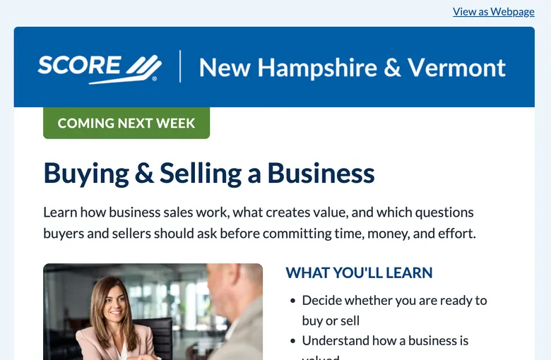 SCORE chapter email — Workshop, week before