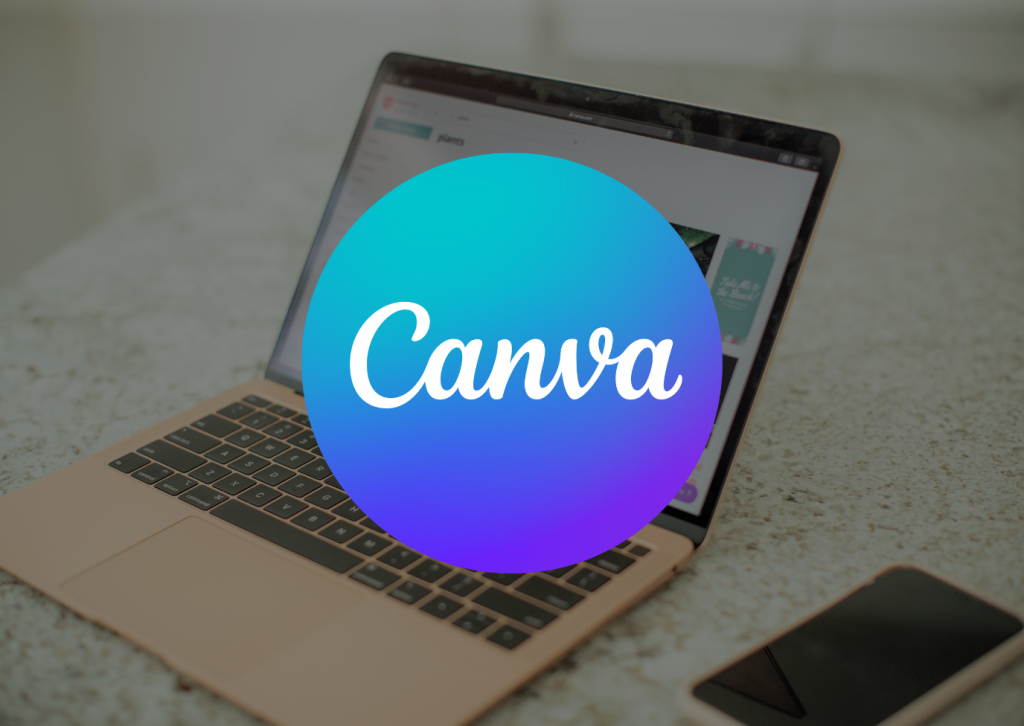 Canva logo overlaid on a laptop that is sitting on a counter