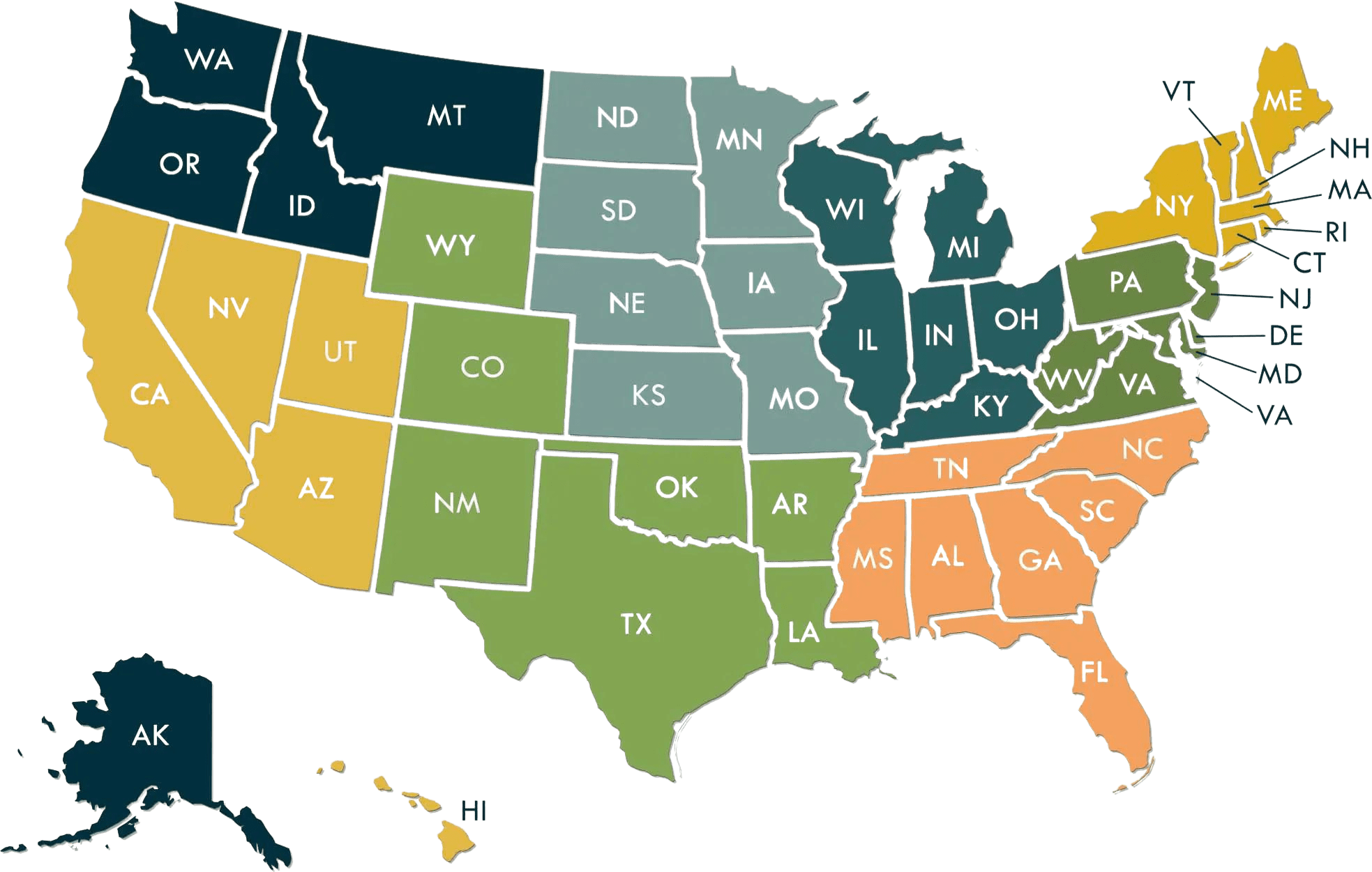 A map of the United States with colors for the different regions of chapters