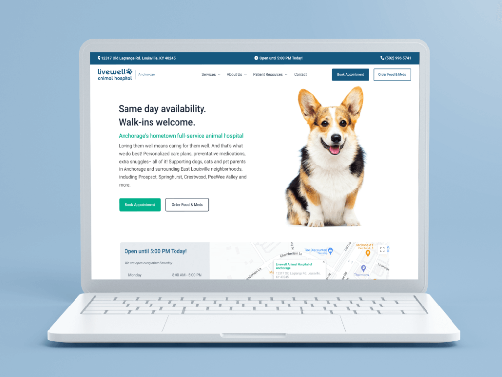 A laptop showcasing a vet clinics home page of their website
