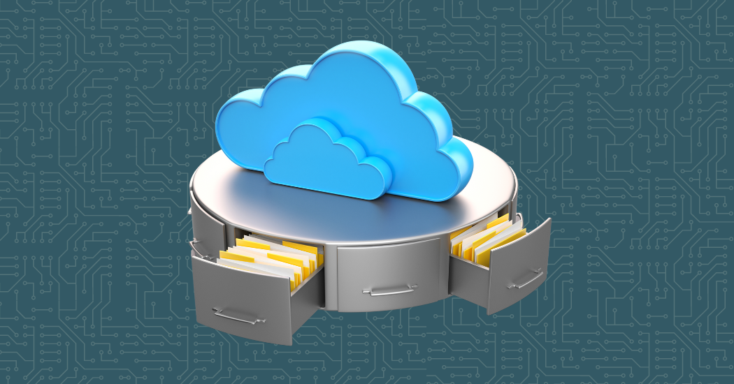 A colorful illustration with a cloud icon over a filing cabinet representing web hosting