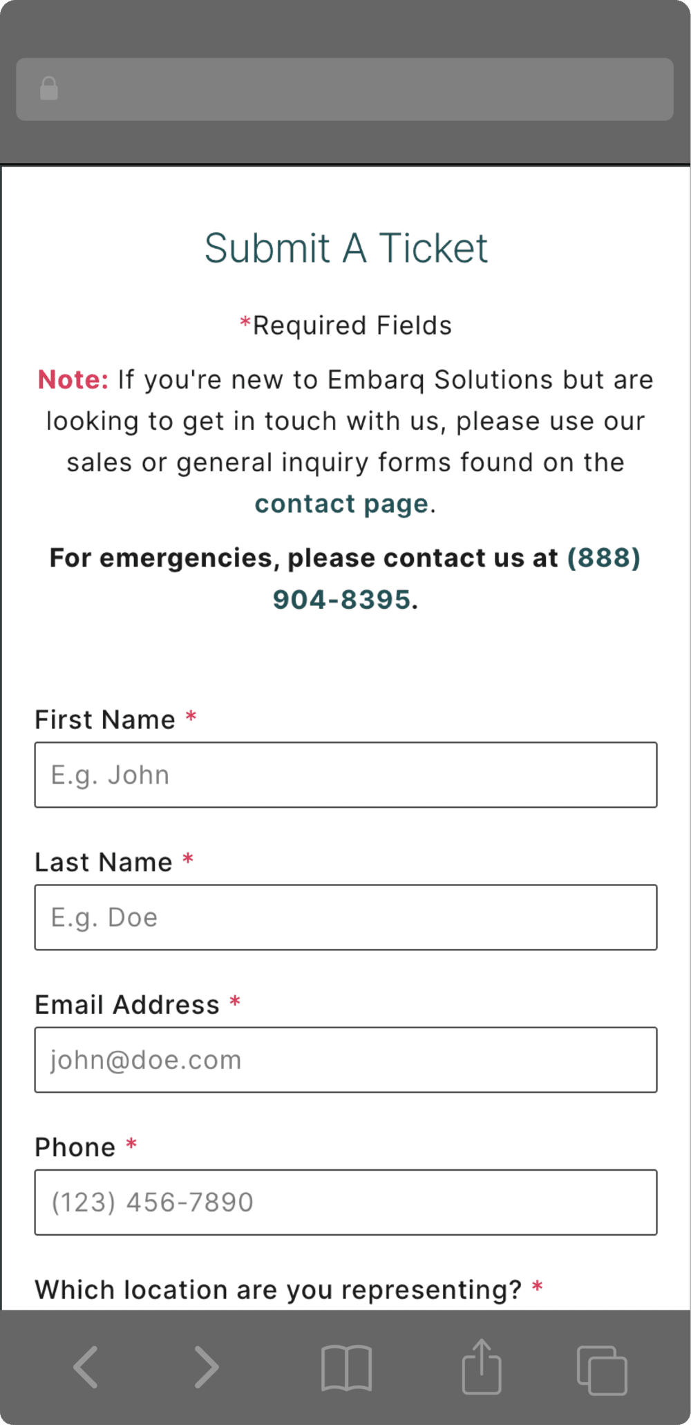 Embarq Solutions mobile view of contact page