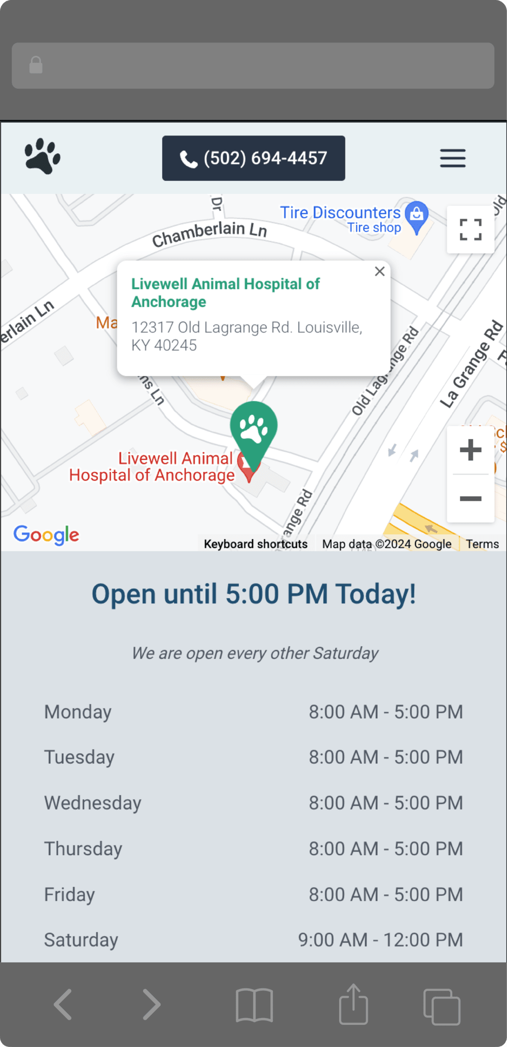 A screenshot of Livewell Animal Hospital's mobile contact page