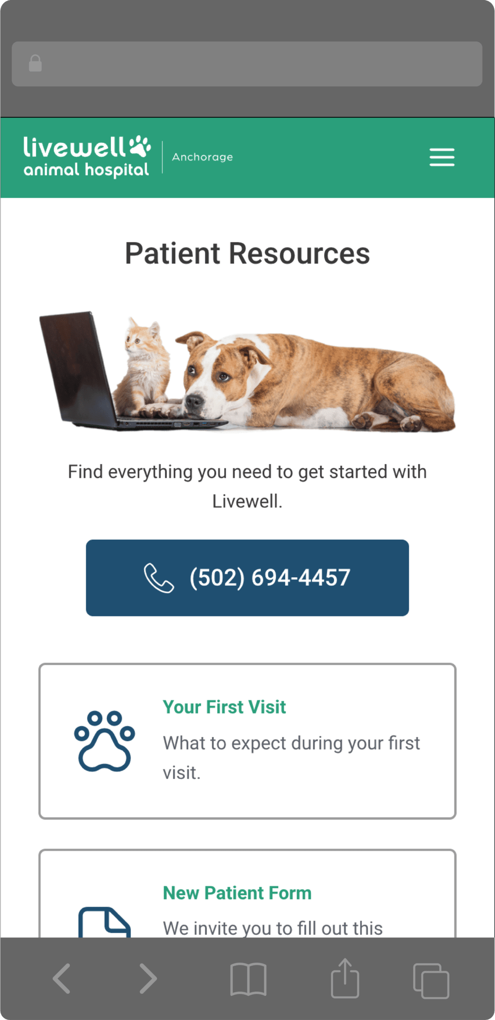 A screenshot of Livewell Animal Hospital's mobile resources page
