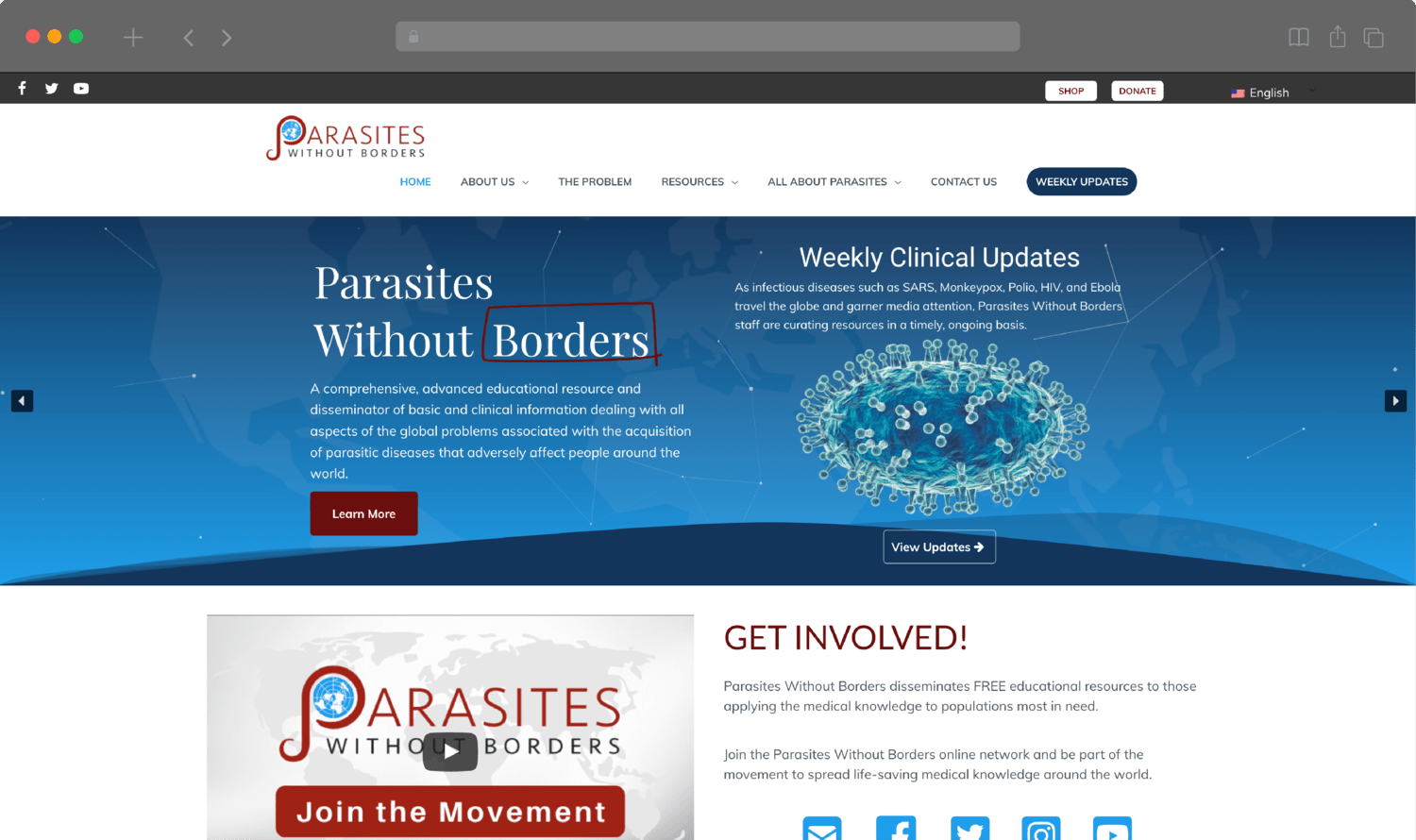 Home page screenshot of Parasites Without Borders' website