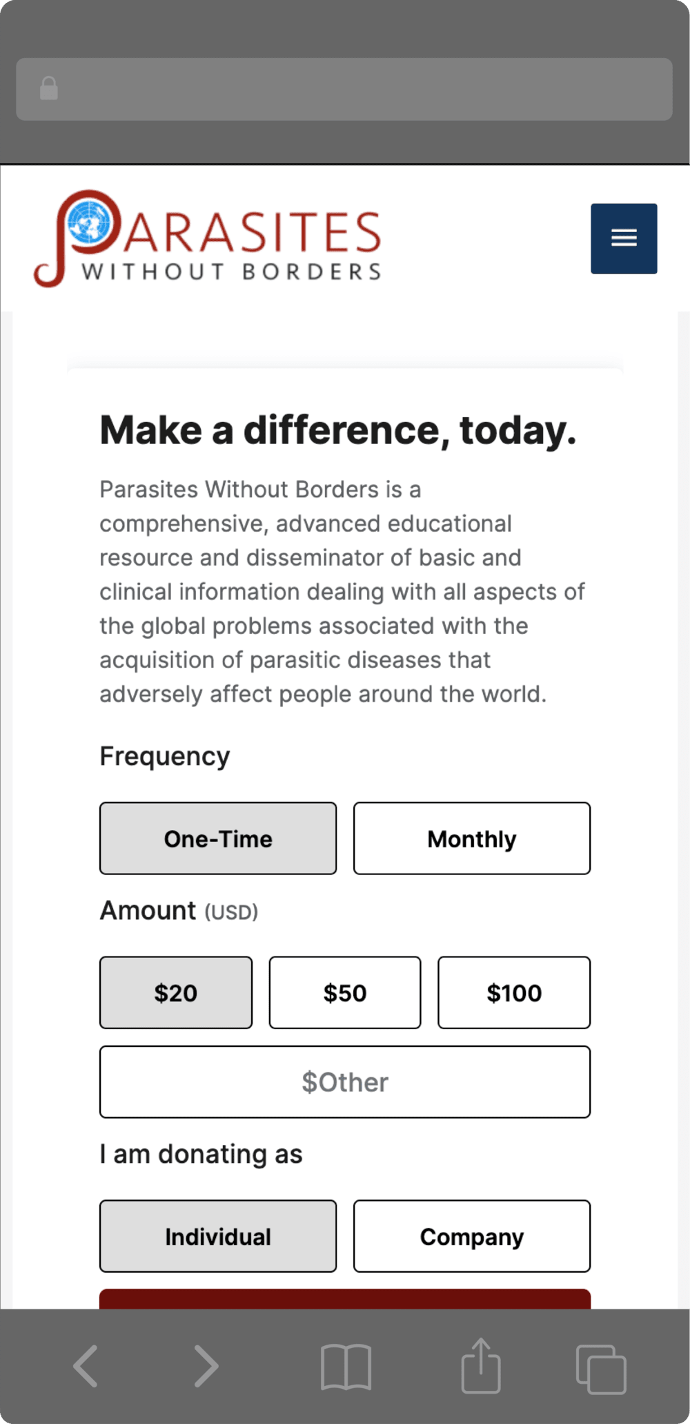 Mobile view of Parasites Without Borders' Donation page