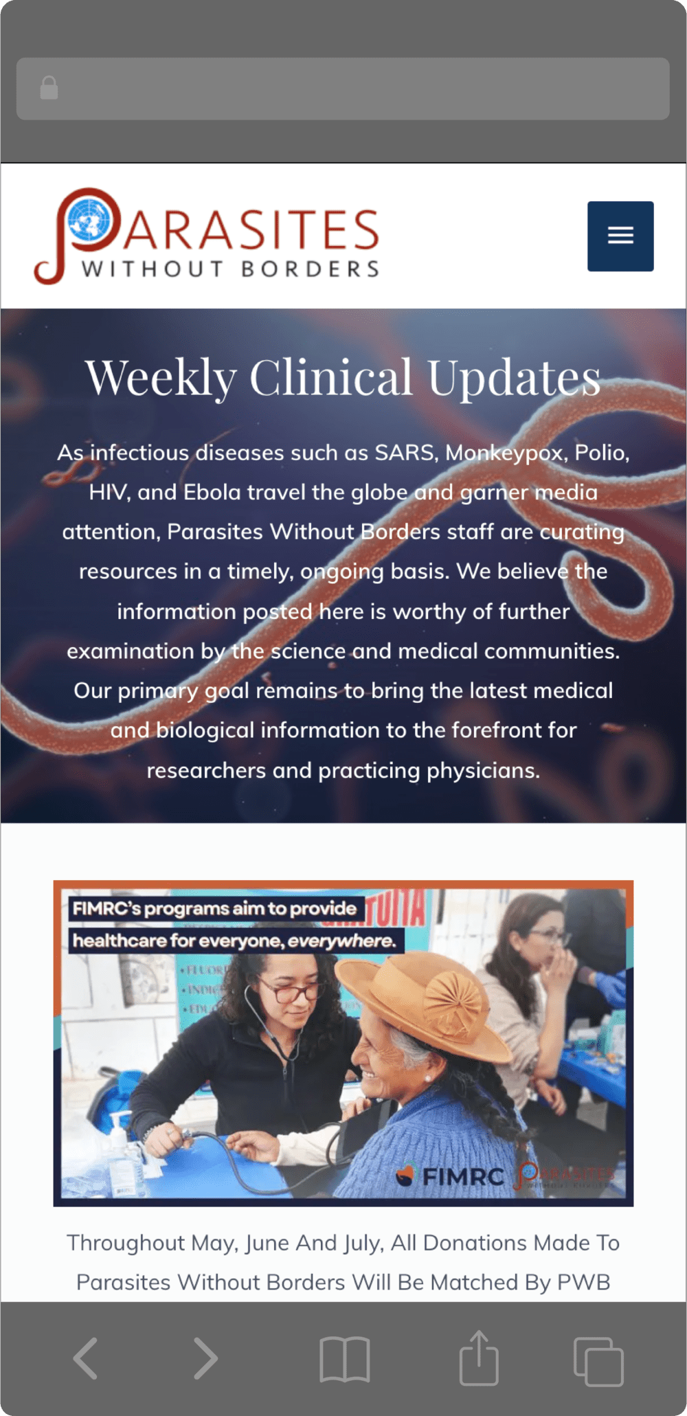 View of Parasites Without Borders' weekly clinical updates page on mobile