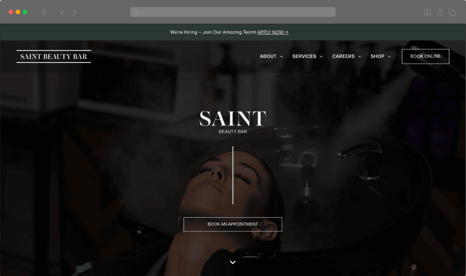 Home page screenshot of Saint Beauty Bar's website
