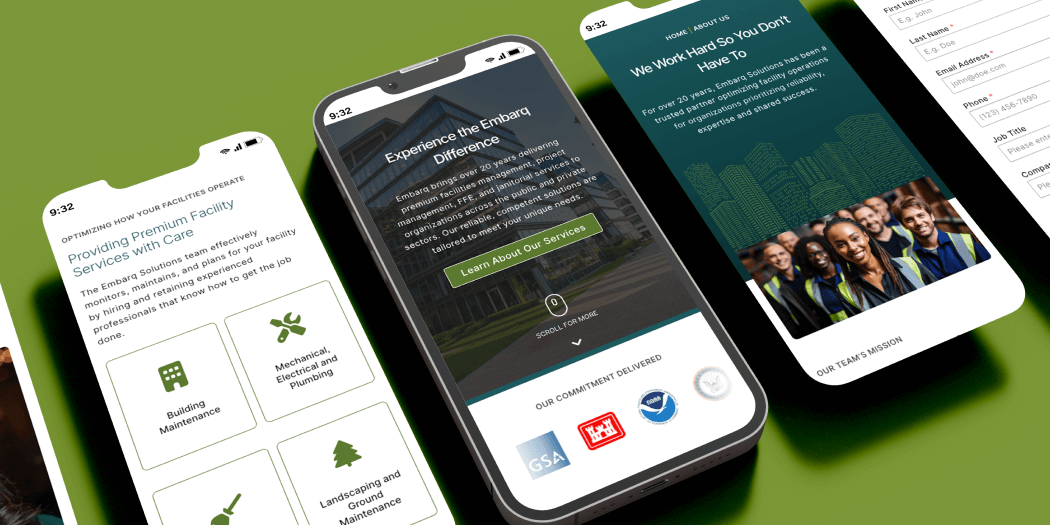 A phone mockup file showcasing Embarq Solutions website redesign