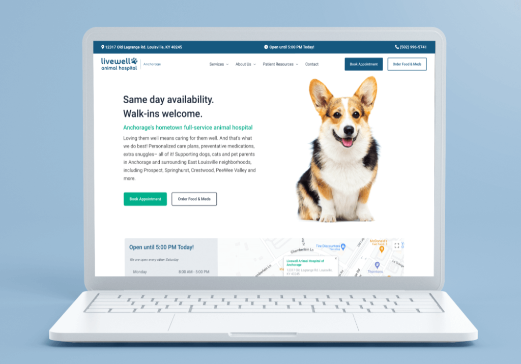 A laptop showcasing a vet clinics home page of their website