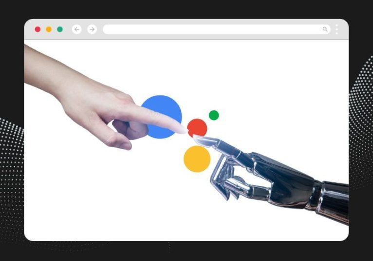 A mixed media graphic of a person touching fingertips with a robot