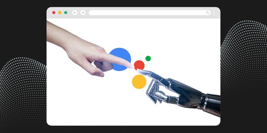 A mixed media graphic of a person touching fingertips with a robot